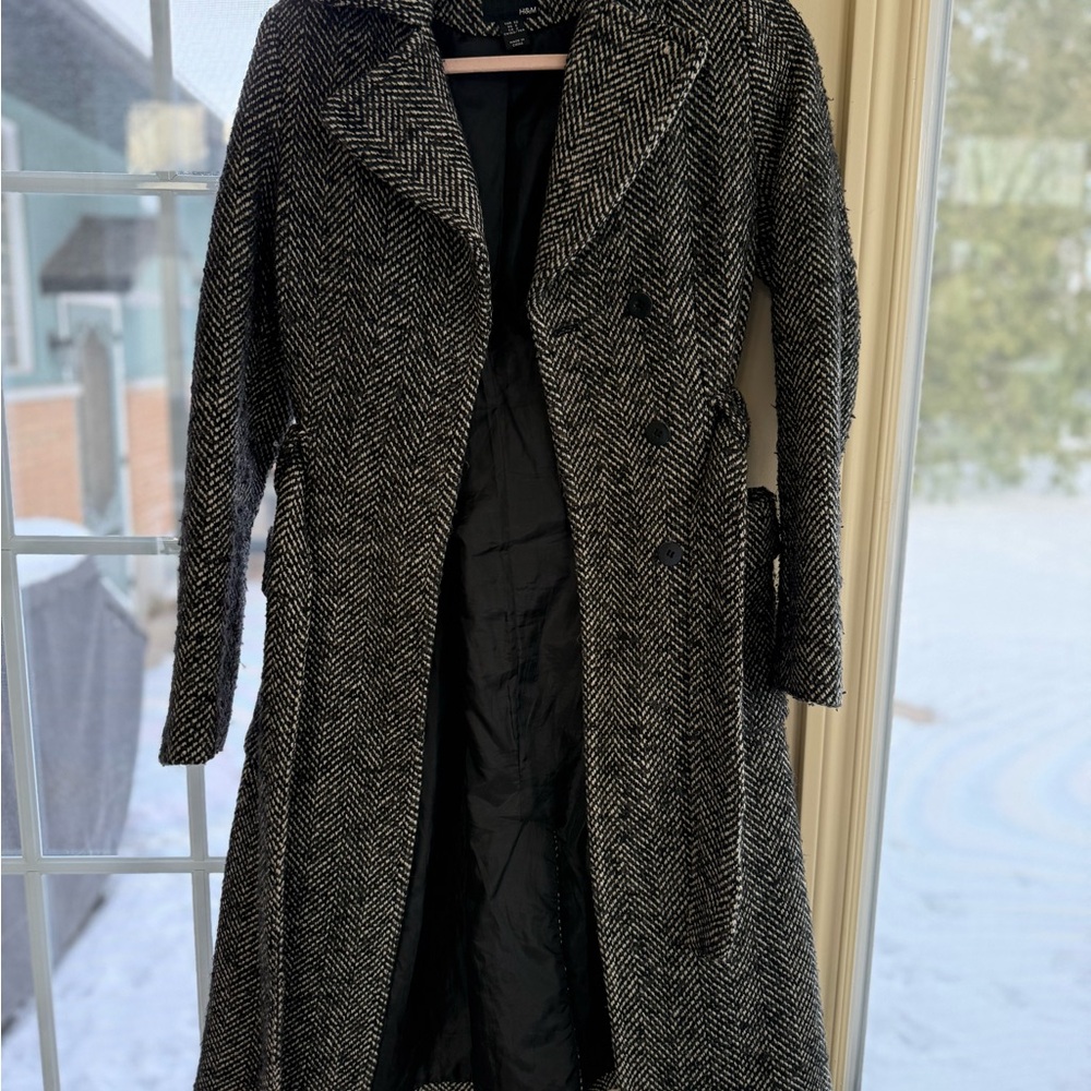 H&M Black and White Herringbone Coat